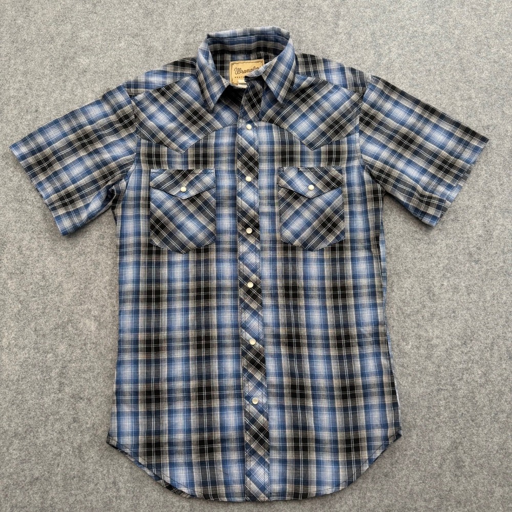 Wrangler Men's Western Dress Shirt Blue Plaid Short Sleeve Snap S Cotton Blend
